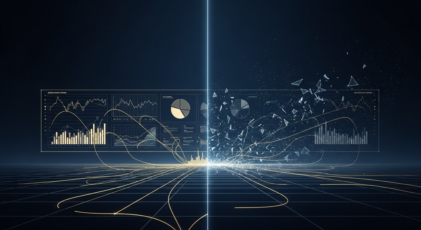 Editorial illustration of an IT operations dashboard with subtle data visualization motifs in navy and gold