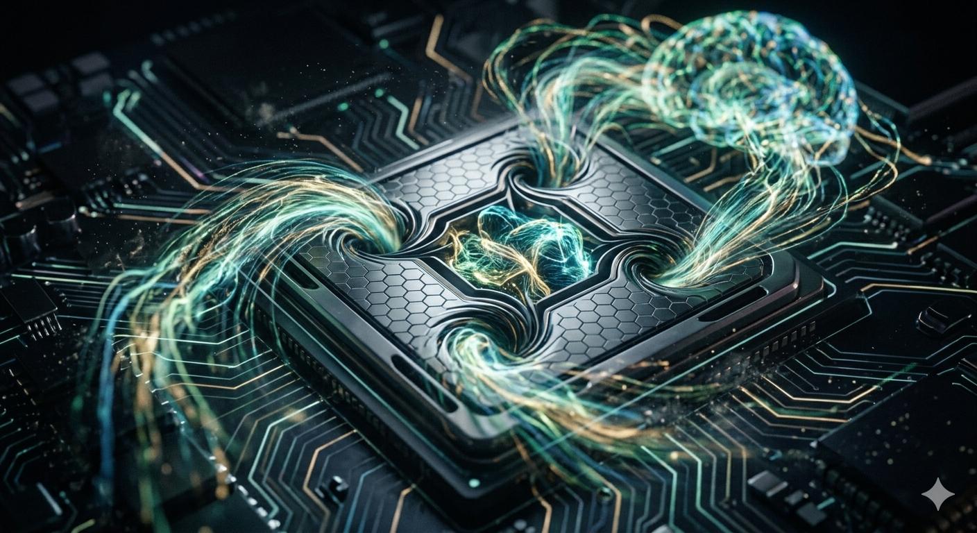 Abstract illustration of luminous data flowing into a central compute die, signaling AI infrastructure