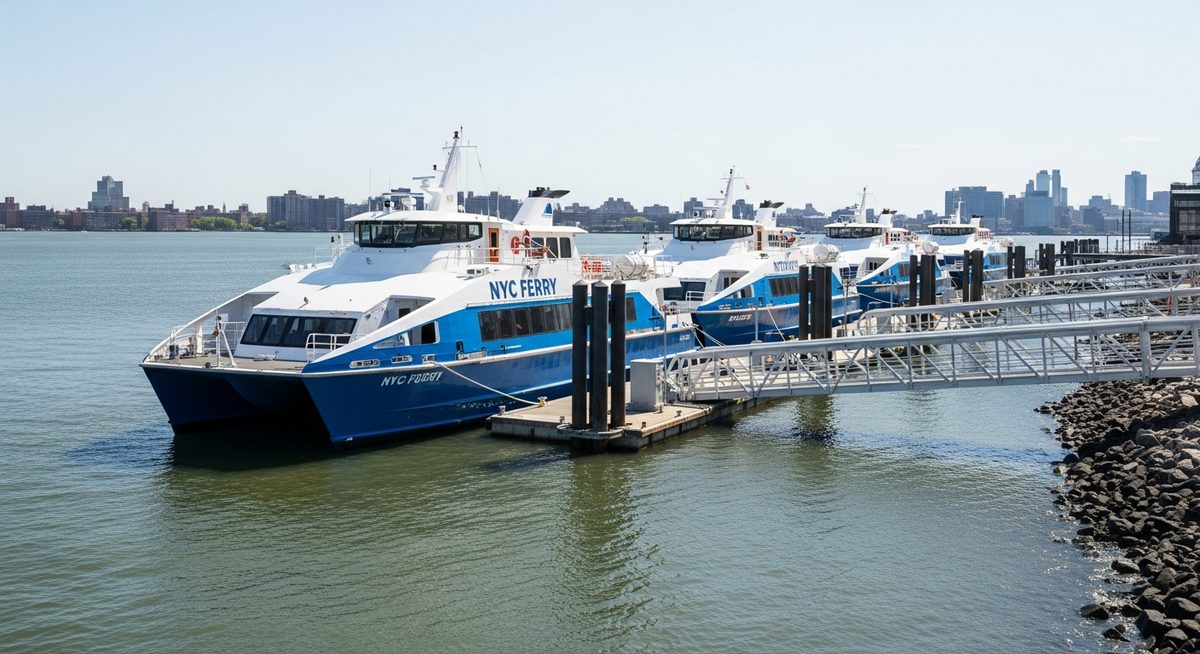NYC Ferry vessels docked at a waterfront terminal with Manhattan skyline