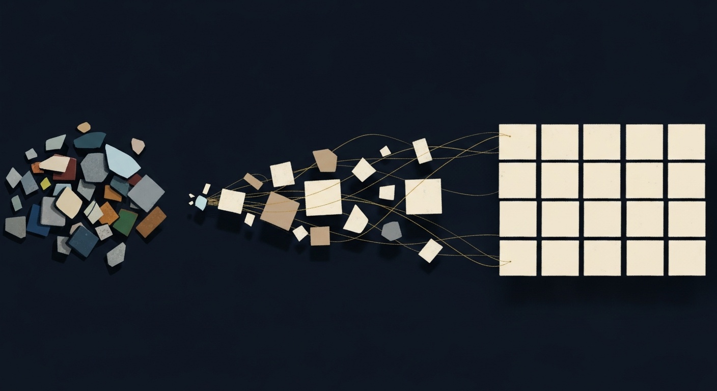 Horizontal illustration of mismatched system tiles on the left moving into aligned ordered rows on the right