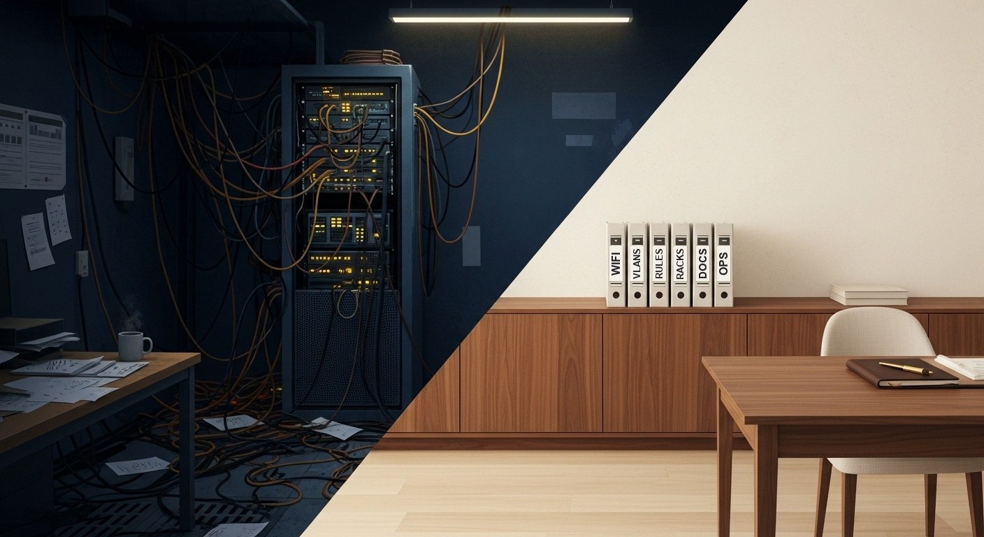 Split illustration: messy server rack with tangled cables on the left, clean office on the right with six labeled binders reading WIFI, VLANS, RULES, RACKS, DOCS, OPS