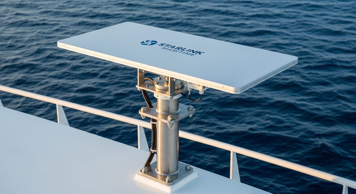 Starlink maritime antenna mounted on a commercial vessel